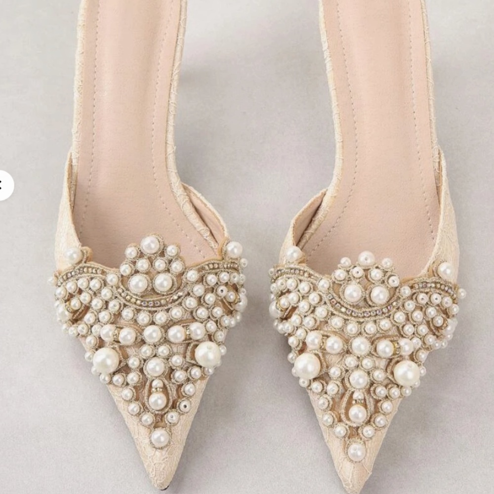 Rhinestone Pearls Heels Sandals Mules Pointed Toe Dress Shoes